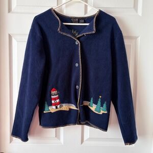 Croft & Barrow C&B Sport Navy Fleece Lighthouse Christmas Cardigan Small
